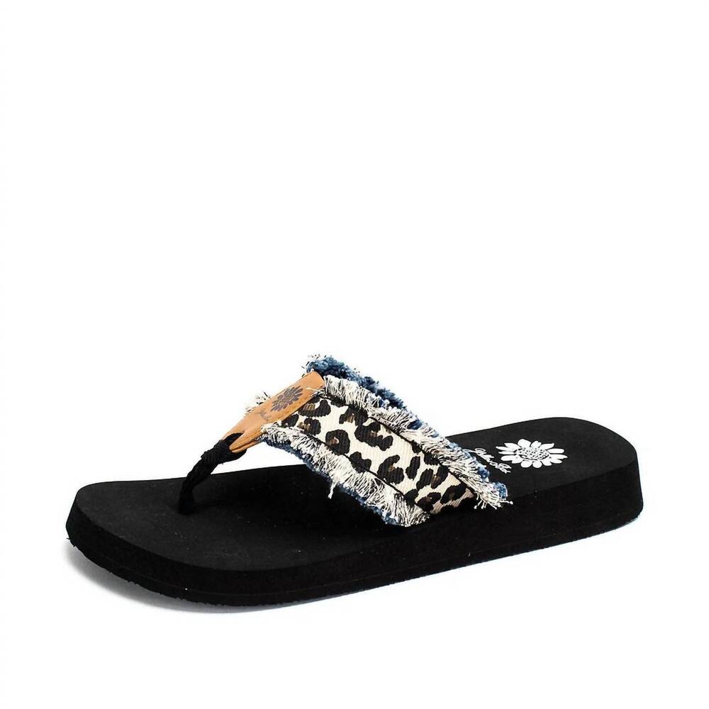 NEW YELLOWBOX women's denim flipflop with denim fringe in cream leopard